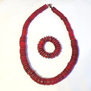 Red wood bead necklace & bracelet set